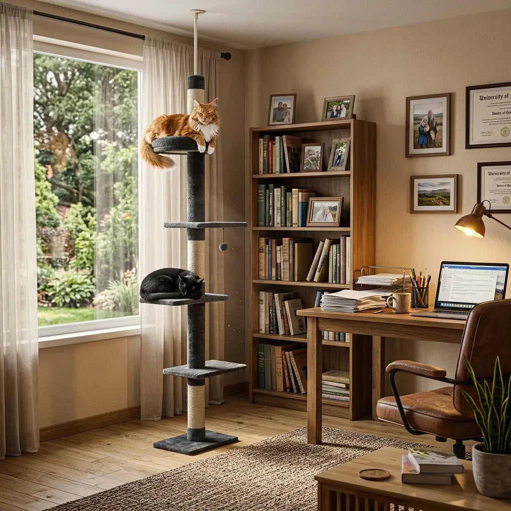 arbre à chat plafond installé dans un bureau avec plateformes de repos et chats en hauteur