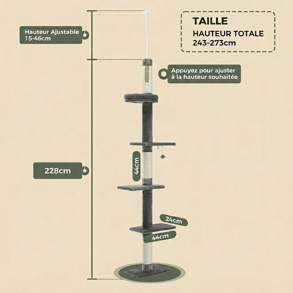 arbre à chat plafond avec dimensions détaillées et hauteur ajustable de 243 à 273 cm