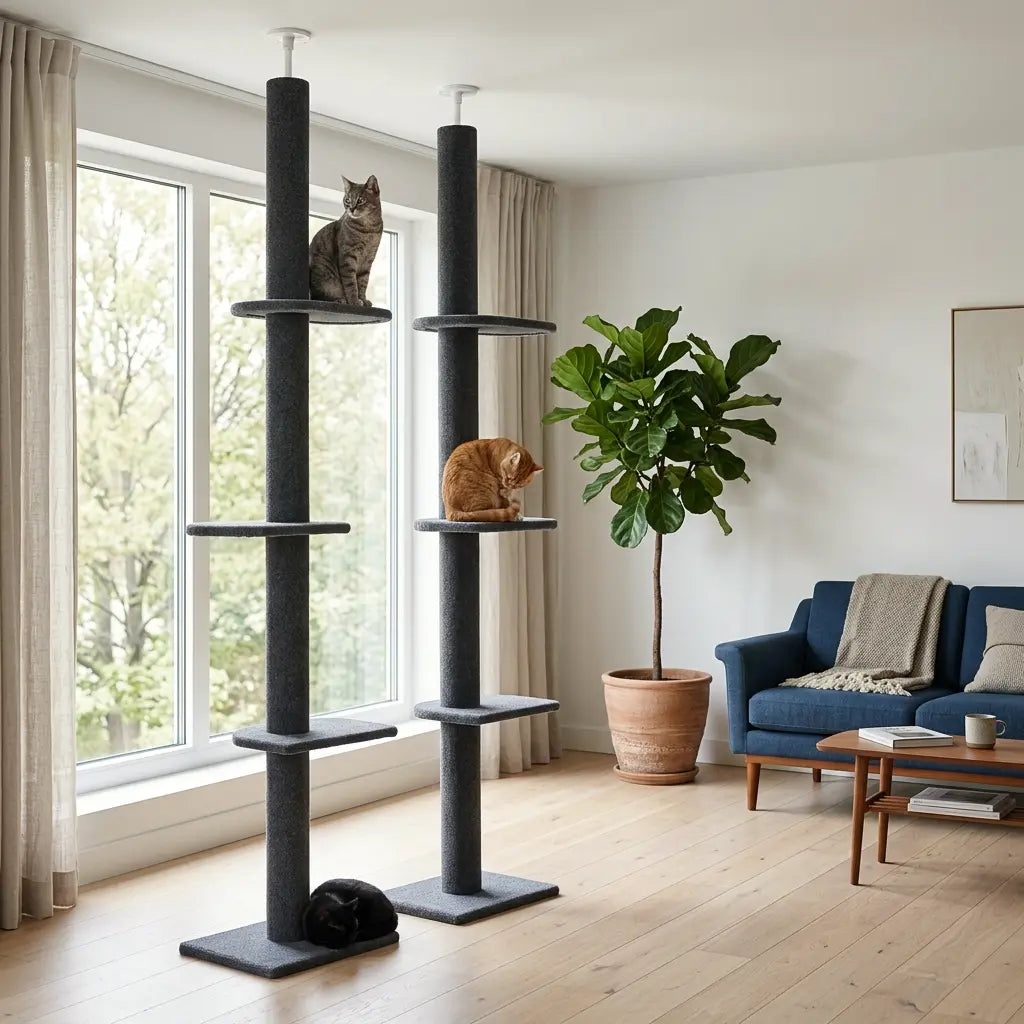 arbre à chat plafond double avec deux colonnes de grimpe et plateformes pour plusieurs chats