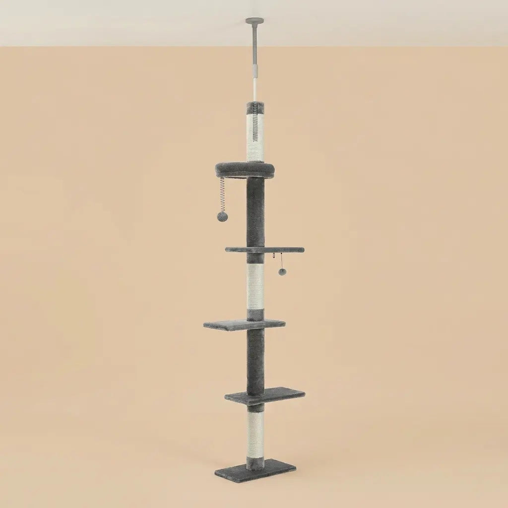 arbre à chat plafond gris avec plateformes de repos et balles suspendues pour chat