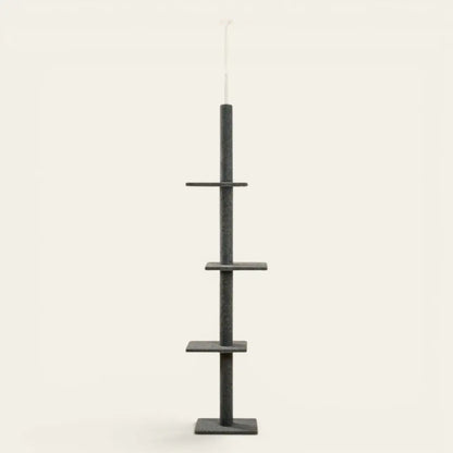 Arbre à chat plafond noir minimaliste avec plateformes d'escalade et poteaux griffoirs verticaux