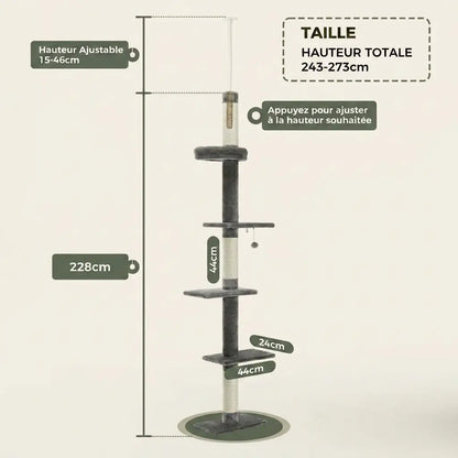 Arbre à chat plafond réglable noir avec plateformes d'escalade, griffoirs en sisal et hauteur ajustable jusqu'à 273 cm