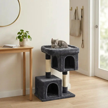Arbre à chat pour appartement gris avec couchage confortable et chaton