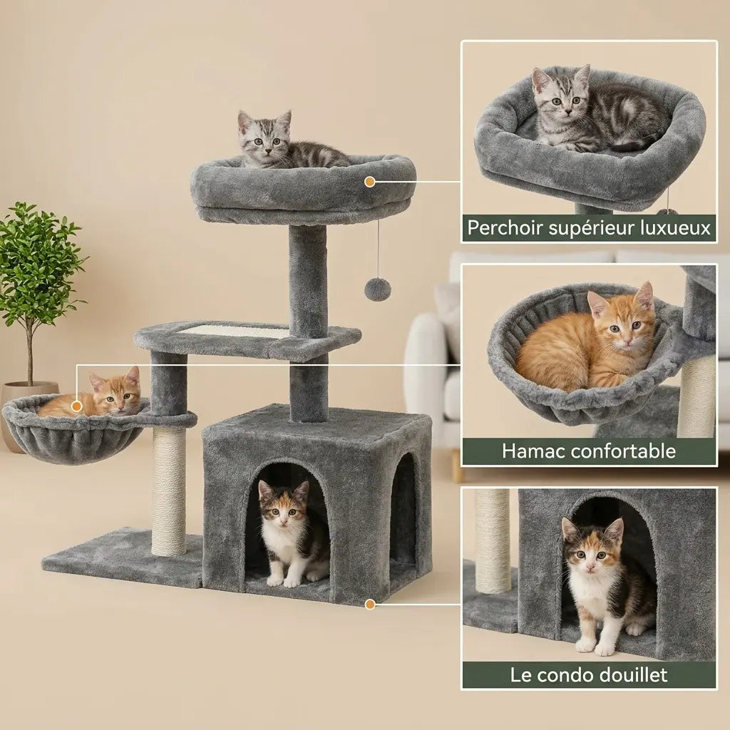 arbre à chat pour chaton gris avec perchoir supérieur hamac confortable et condo douillet