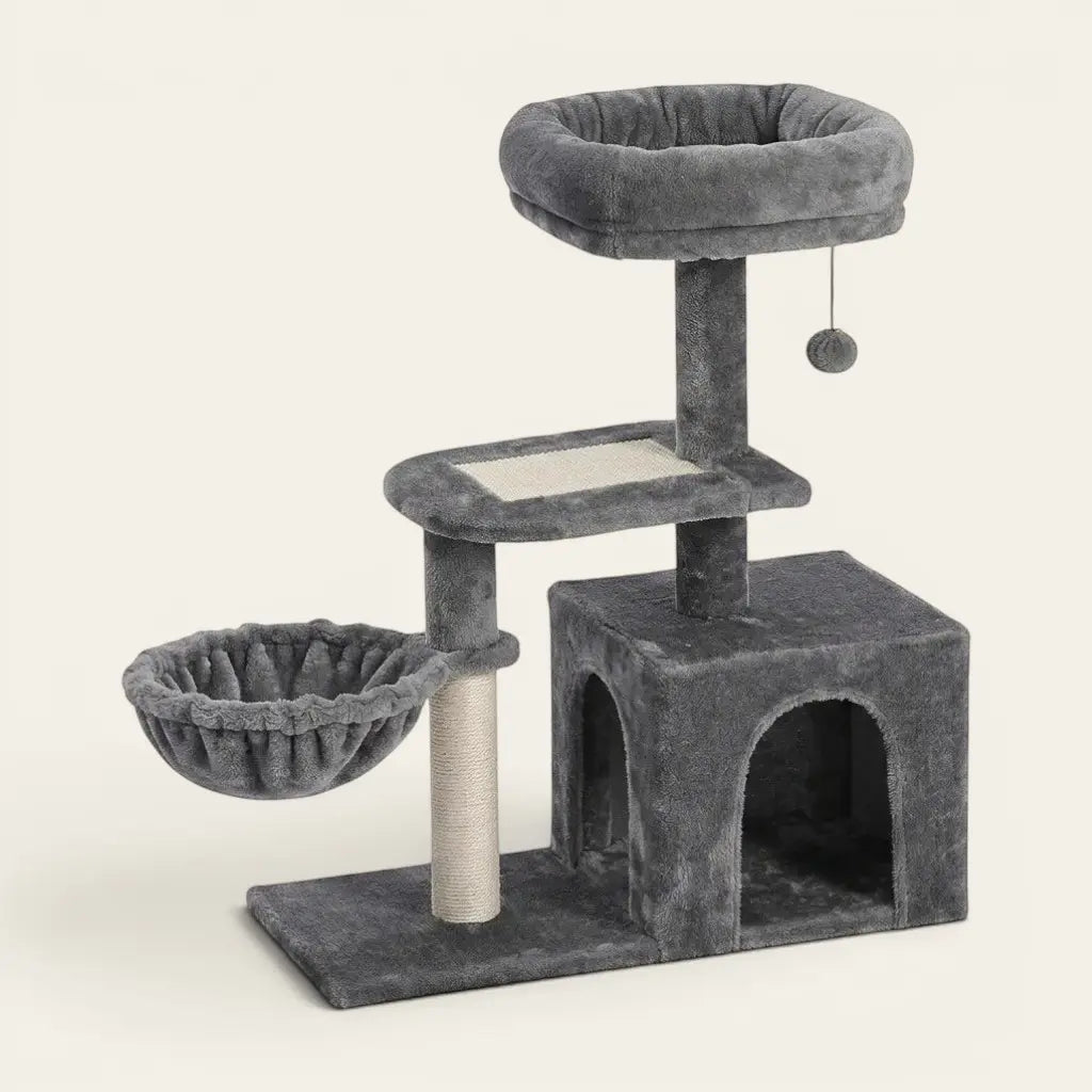 Arbre à chat pour chaton gris avec niche de repos, hamac suspendu, plateforme intermédiaire et couchage en hauteur