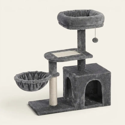 Arbre à chat pour chaton gris avec niche de repos, hamac suspendu, plateforme intermédiaire et couchage en hauteur