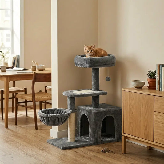 arbre à chat pour chaton gris avec niche double entrée hamac latéral plateforme griffoir et couchage supérieur