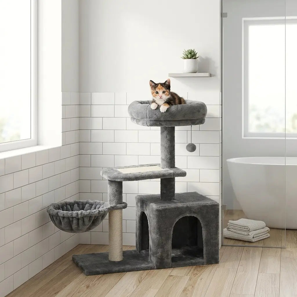 arbre à chat pour chaton gris avec hamac niche confortable plateforme à griffer et perchoir supérieur