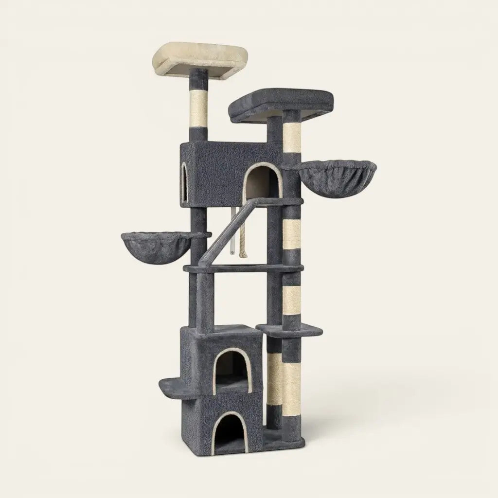 Arbre à chat pour grand chat avec double niche spacieuse, paniers suspendus, plateformes renforcées et griffoirs en sisal