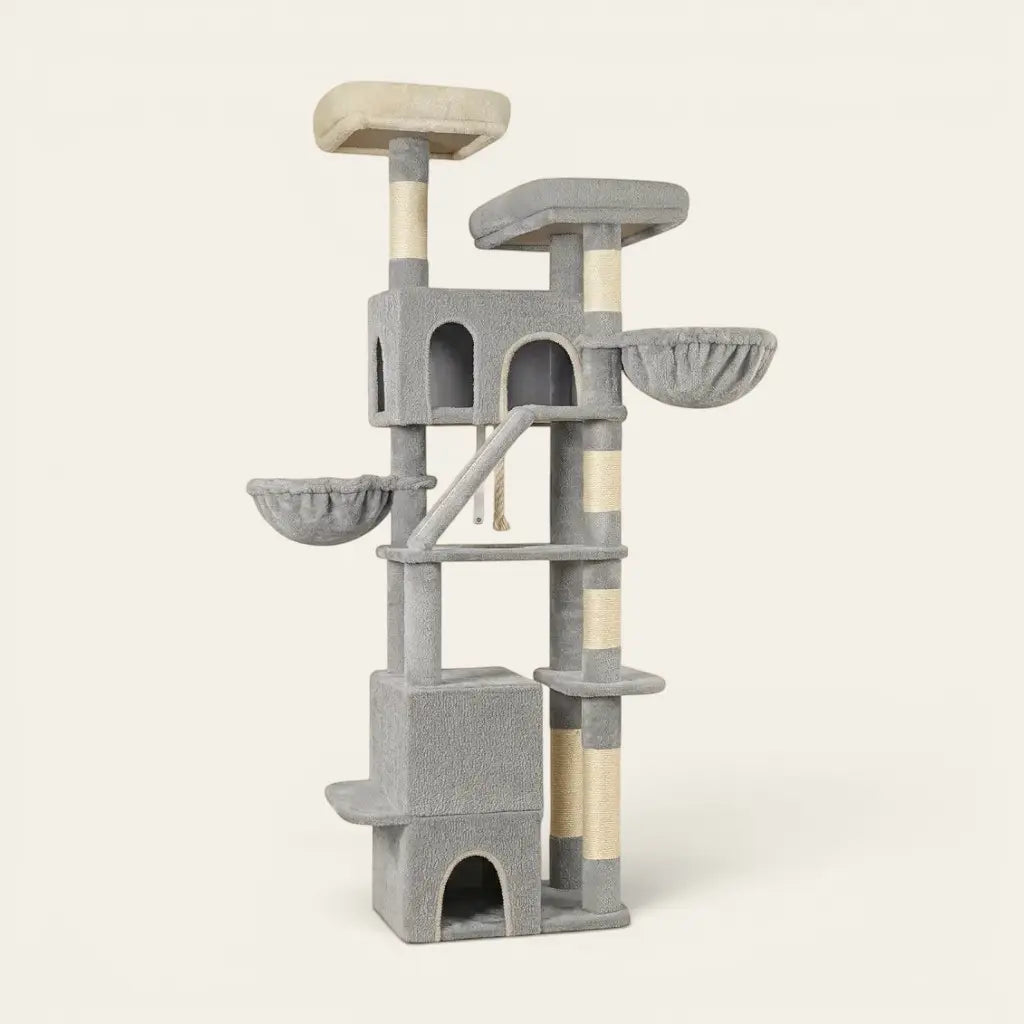 Arbre à chat pour grand chat gris avec niches confortables, couchages en hauteur, paniers suspendus et structure stable
