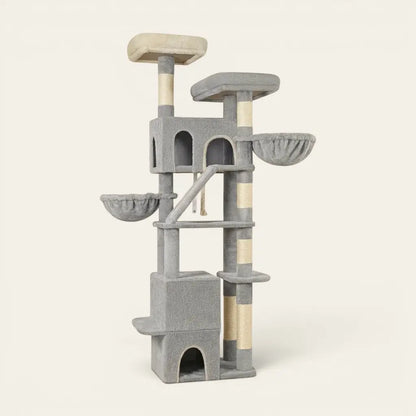 Arbre à chat pour grand chat gris avec niches confortables, couchages en hauteur, paniers suspendus et structure stable