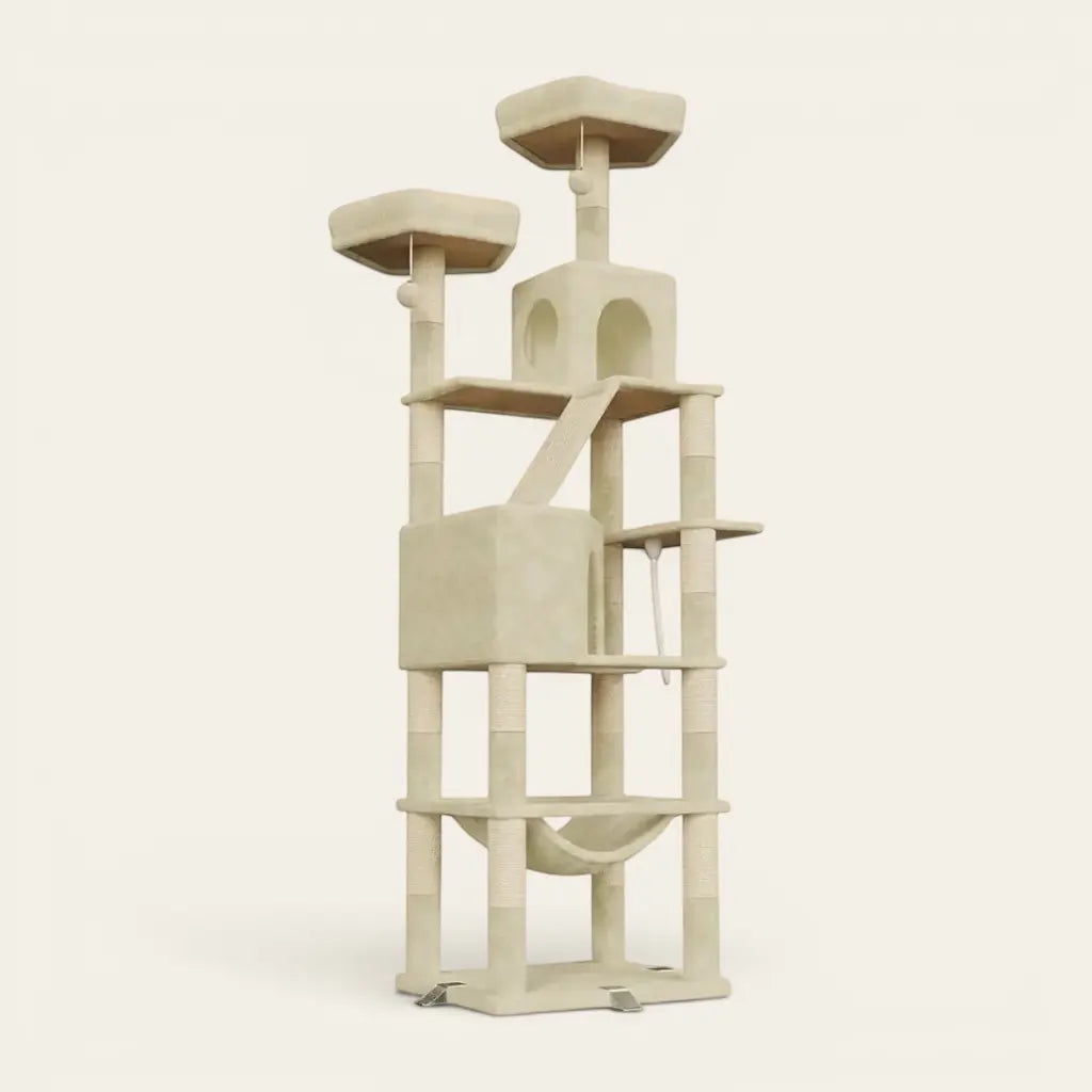 Arbre à chat pour gros chat avec double niche spacieuse, hamac suspendu, plateformes renforcées et couchages en hauteur