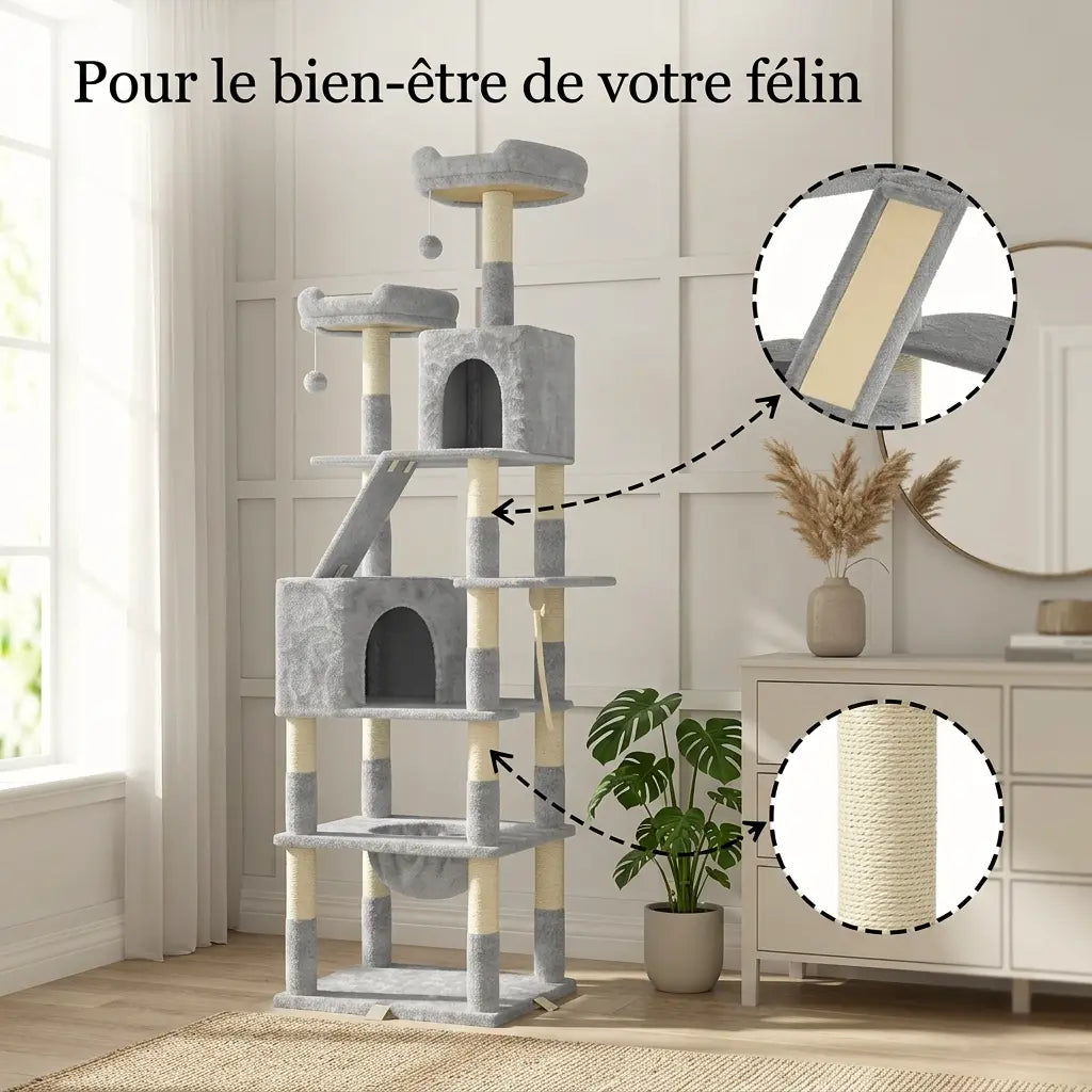 arbre à chat pour gros chat favorisant le bien-être avec rampe, niches et poteaux à griffer  