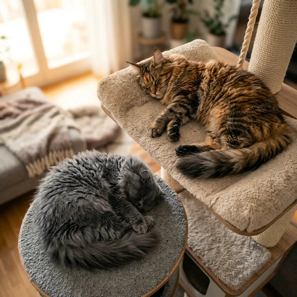 arbre à chat pour gros chat avec plateformes confortables où des chats de grande taille se reposent
