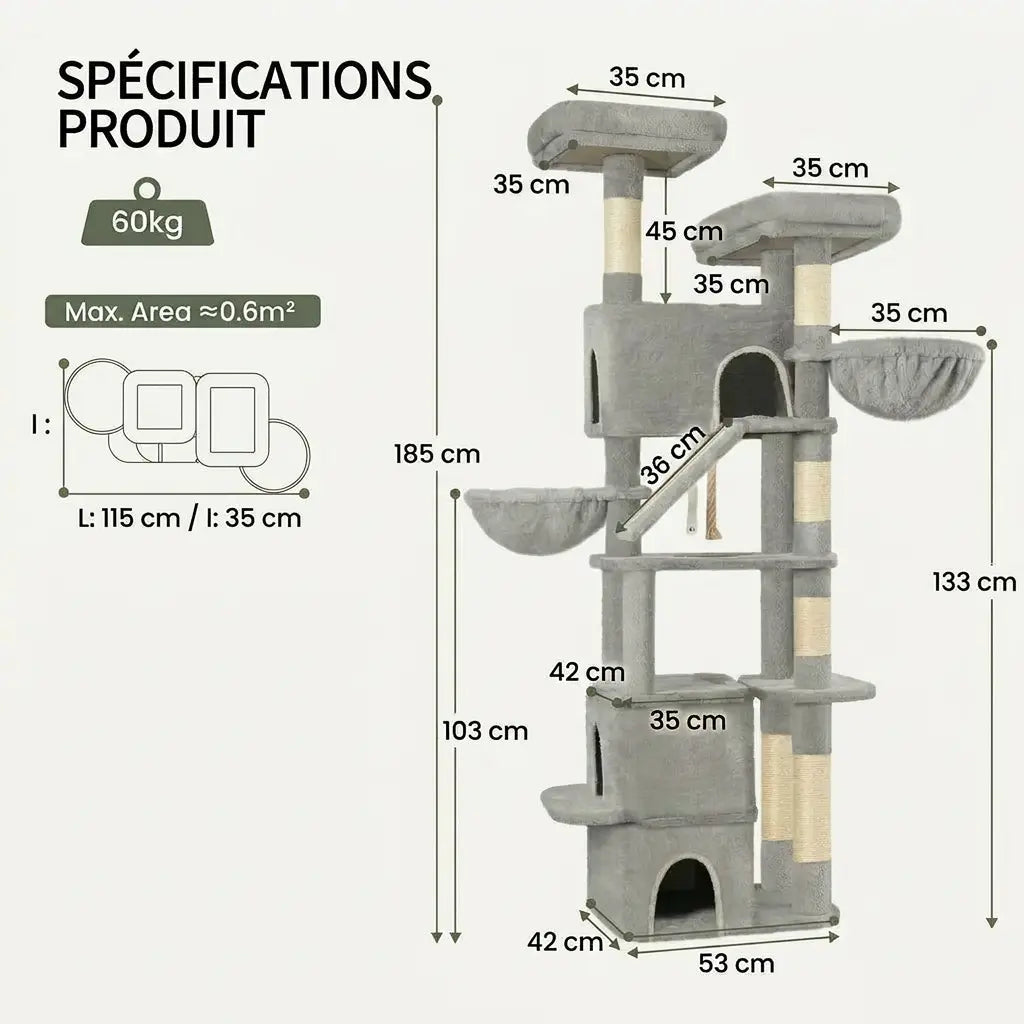 arbre à chat pour gros chat avec dimensions détaillées et structure robuste adaptée aux chats lourds