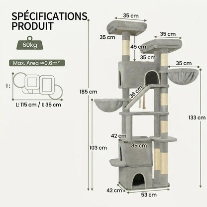 arbre à chat pour gros chat avec dimensions détaillées et structure robuste adaptée aux chats lourds