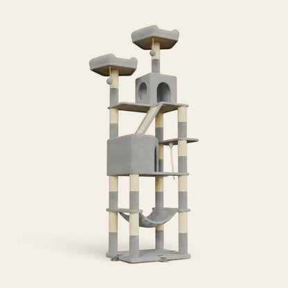 Arbre à chat pour gros chat gris avec plateformes panoramiques, niches confortables et hamac de repos renforcé