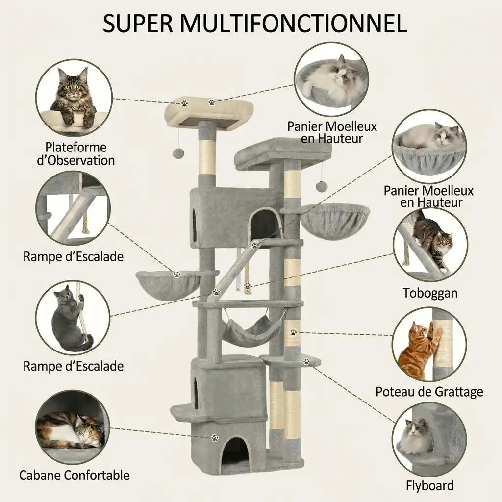 arbre à chat pour gros chat multifonction avec plateformes larges, hamacs et poteaux solides  