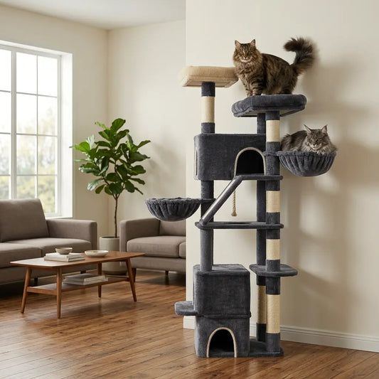 arbre à chat pour gros chat dans un salon avec plusieurs plateformes solides et espaces de repos