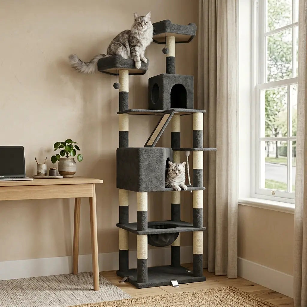 arbre à chat pour gros chat utilisé par plusieurs chats avec plateformes larges et structure solide