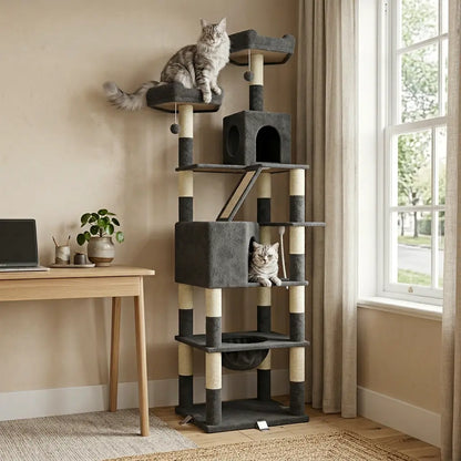 arbre à chat pour gros chat utilisé par plusieurs chats avec plateformes larges et structure solide
