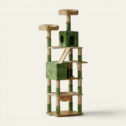 Arbre à chat pour gros chat vert avec niches confortables, poteaux griffoirs en sisal et espaces de repos surélevés