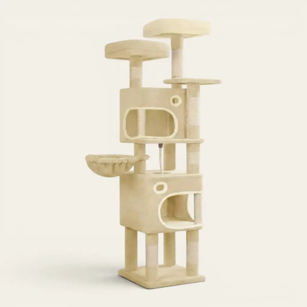 Arbre à chat robuste beige avec double niche, hamac confortable, plateformes surélevées et colonnes en sisal pour chats