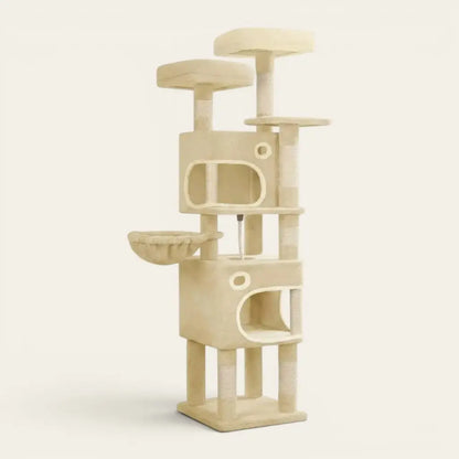 Arbre à chat robuste beige avec double niche, hamac confortable, plateformes surélevées et colonnes en sisal pour chats