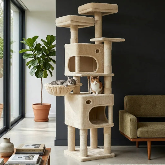 arbre à chat robuste beige avec niches et plateformes dans un salon moderne avec deux chats