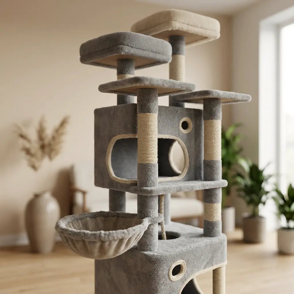 arbre à chat robuste gris avec zoom sur structure solide poteaux en sisal et panier suspendu
