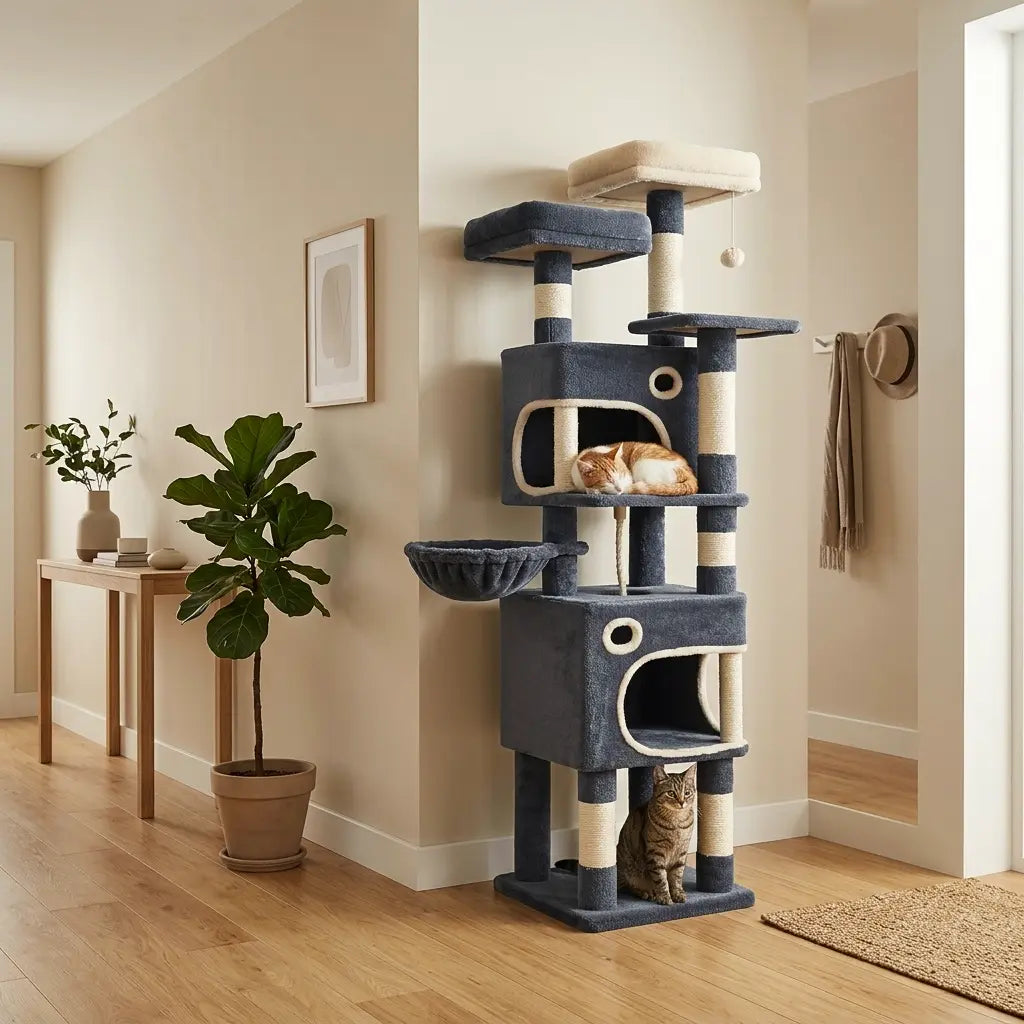 arbre à chat robuste gris avec double niche et plateformes dans une maison moderne avec deux chats