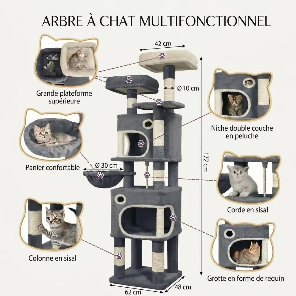 Arbre à chat robuste multifonctionnel avec double niche, hamac suspendu, plateformes XXL et colonnes en sisal renforcées