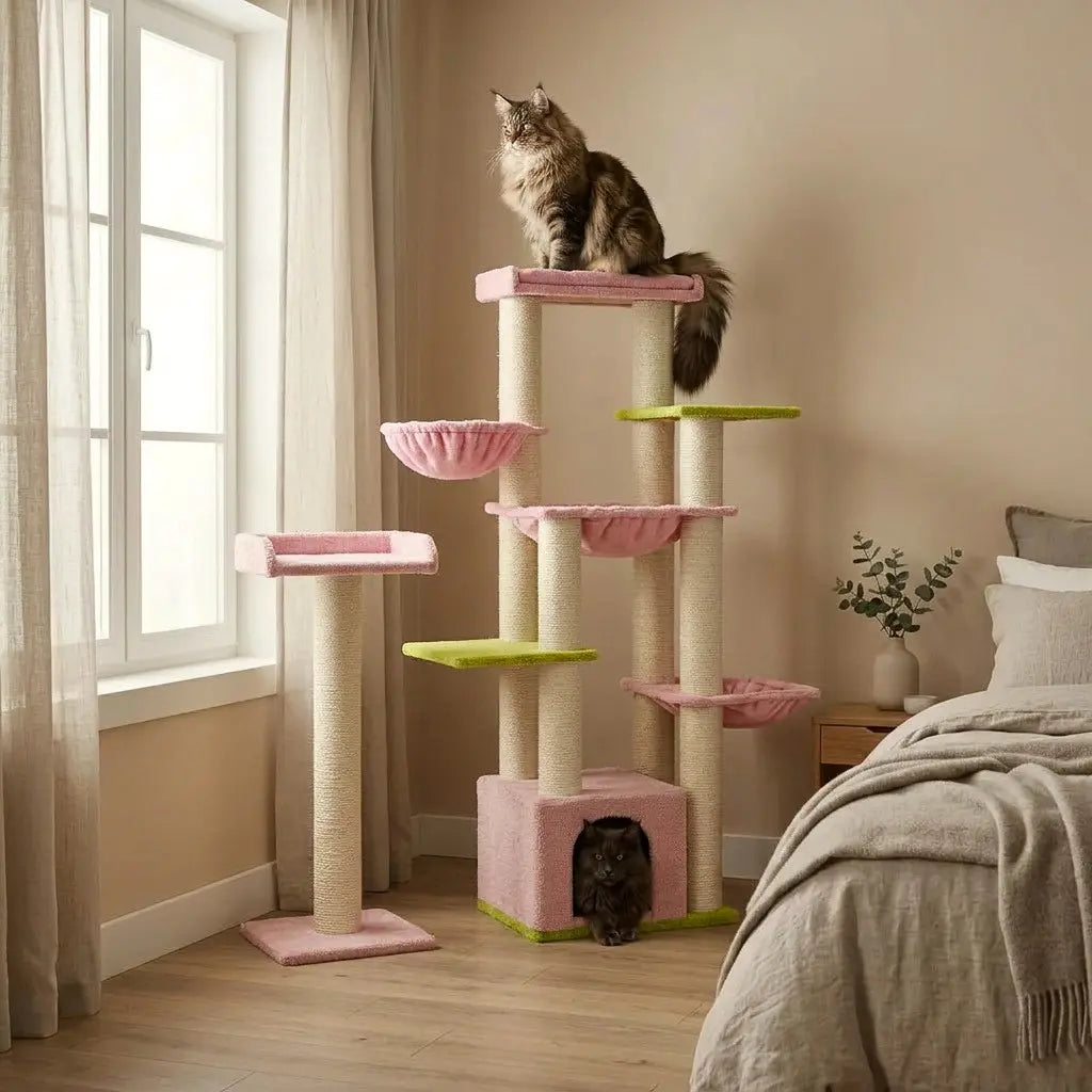 Arbre à chat rose Maine Coon installé dans une chambre moderne avec grand chat sur plateforme supérieure