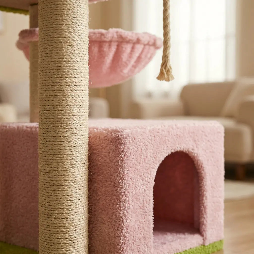 Détail d'un arbre à chat rose Maine Coon avec poteau en sisal naturel et niche confortable pour grand félin