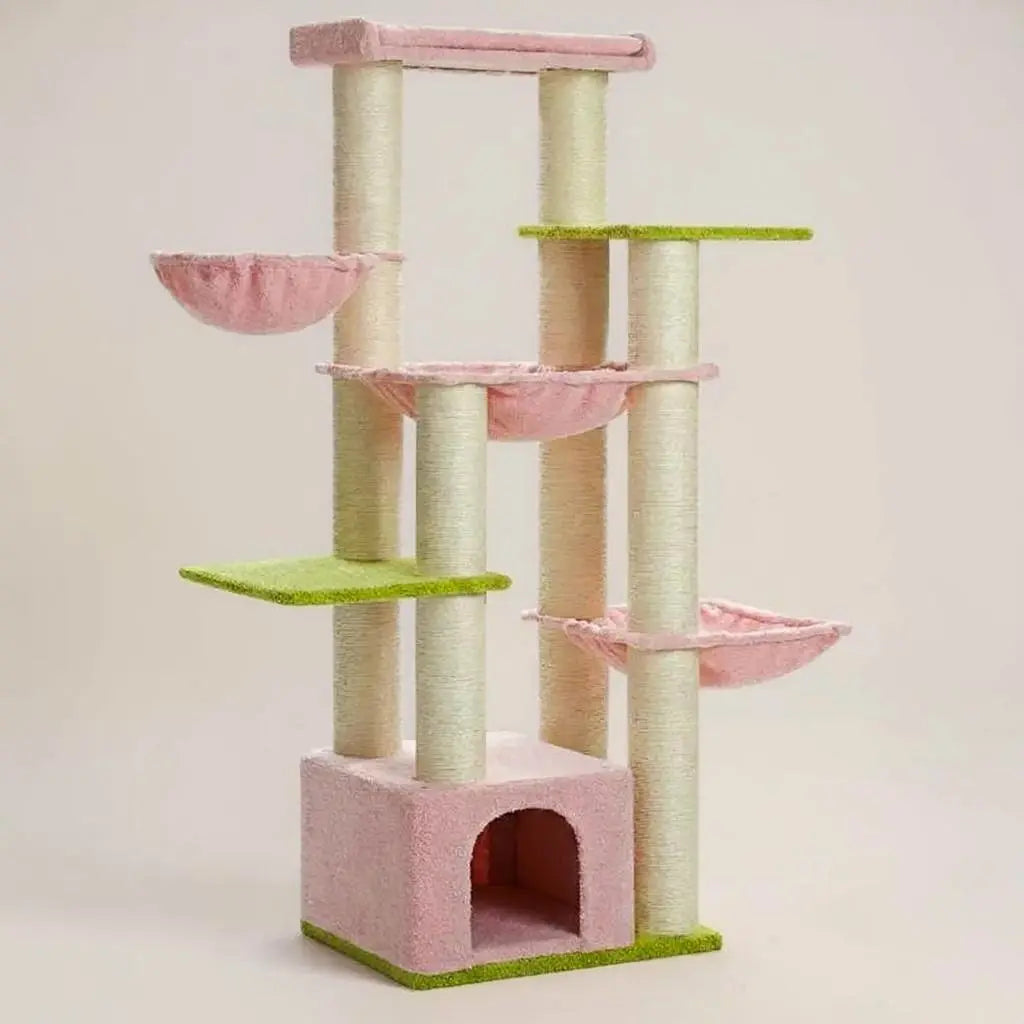 Arbre à chat rose Maine Coon avec niches, hamacs suspendus et plateformes adaptées aux grands chats