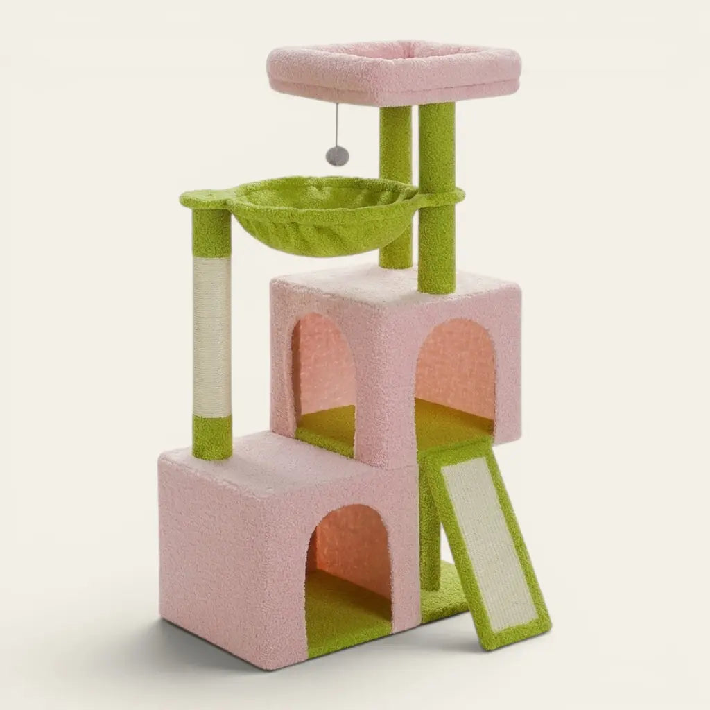 Arbre à chat rose et vert 1 mètre avec hamac, niches et griffoirs en sisal