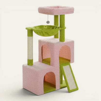 Arbre à chat rose et vert 1 mètre avec hamac, niches et griffoirs en sisal