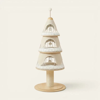 Arbre à chat sapin blanc avec plateformes de repos superposées et espaces de jeu pour chat d’intérieur