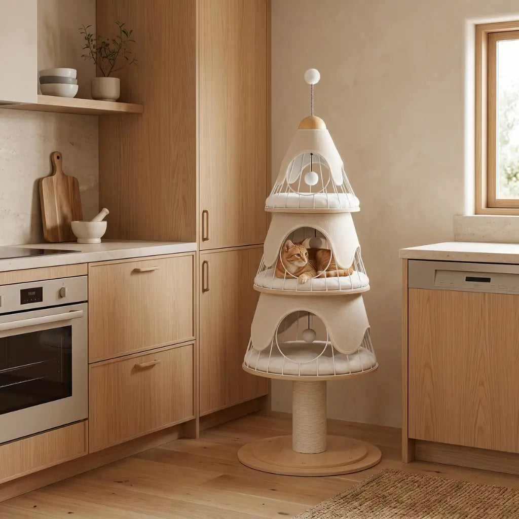 arbre à chat sapin bois design intégré dans une cuisine moderne avec chat