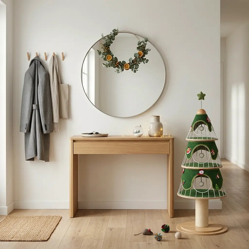 arbre à chat sapin design installé dans une entrée moderne avec décoration minimaliste