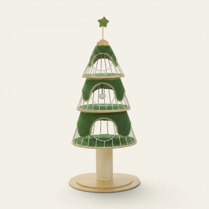Arbre à chat design en forme de sapin avec niveaux de repos et griffoir intégré pour chat