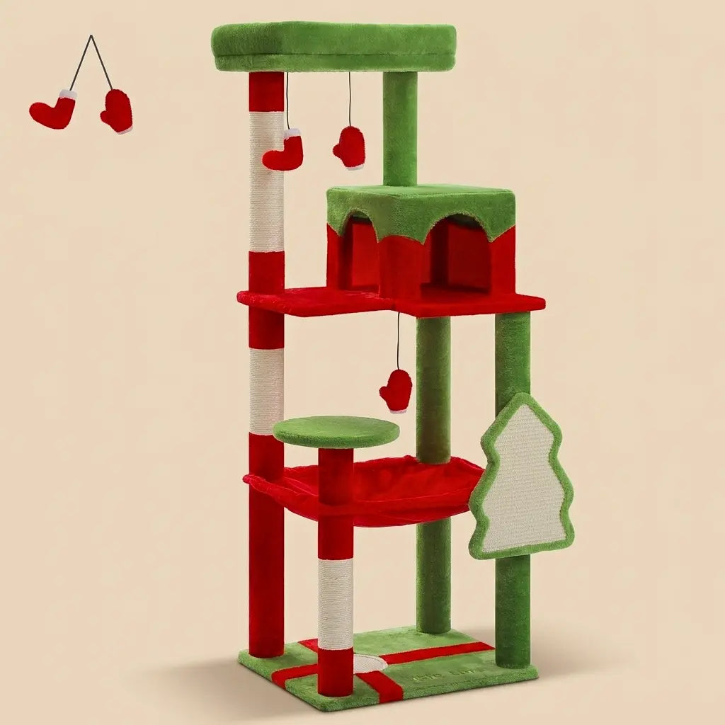 arbre à chat sapin de Noël design avec plateformes et jouets suspendus