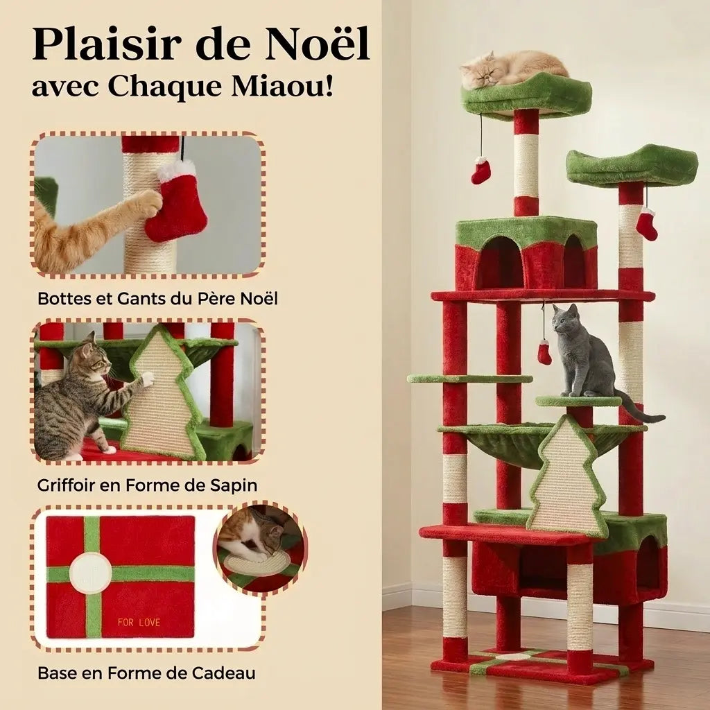arbre à chat sapin de Noël avec griffoir sapin jouets suspendus et base en forme de cadeau