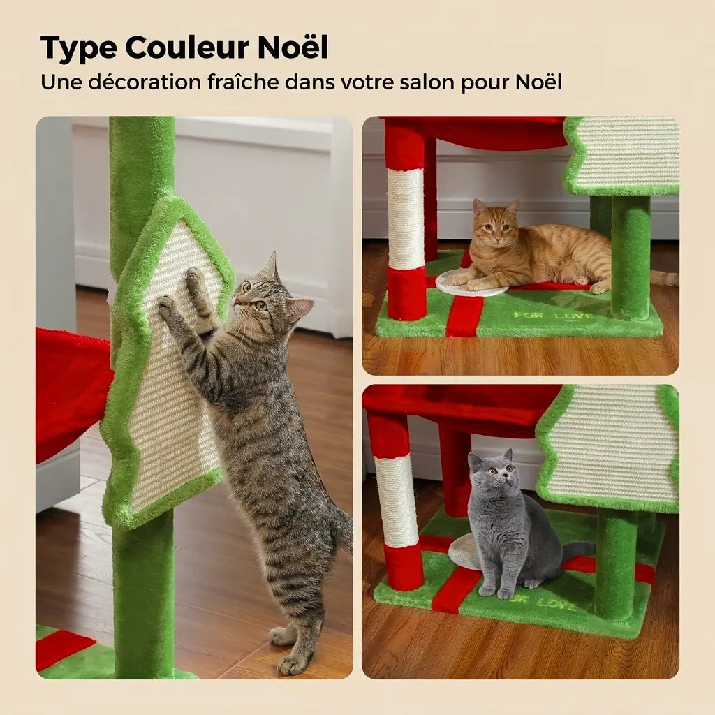 arbre à chat sapin de Noël avec griffoir et structure festive rouge et verte