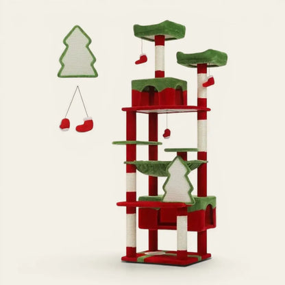 Arbre à chat sapin de Noël multiniveaux avec hamac, cachette, griffoirs et jouets suspendus pour chat