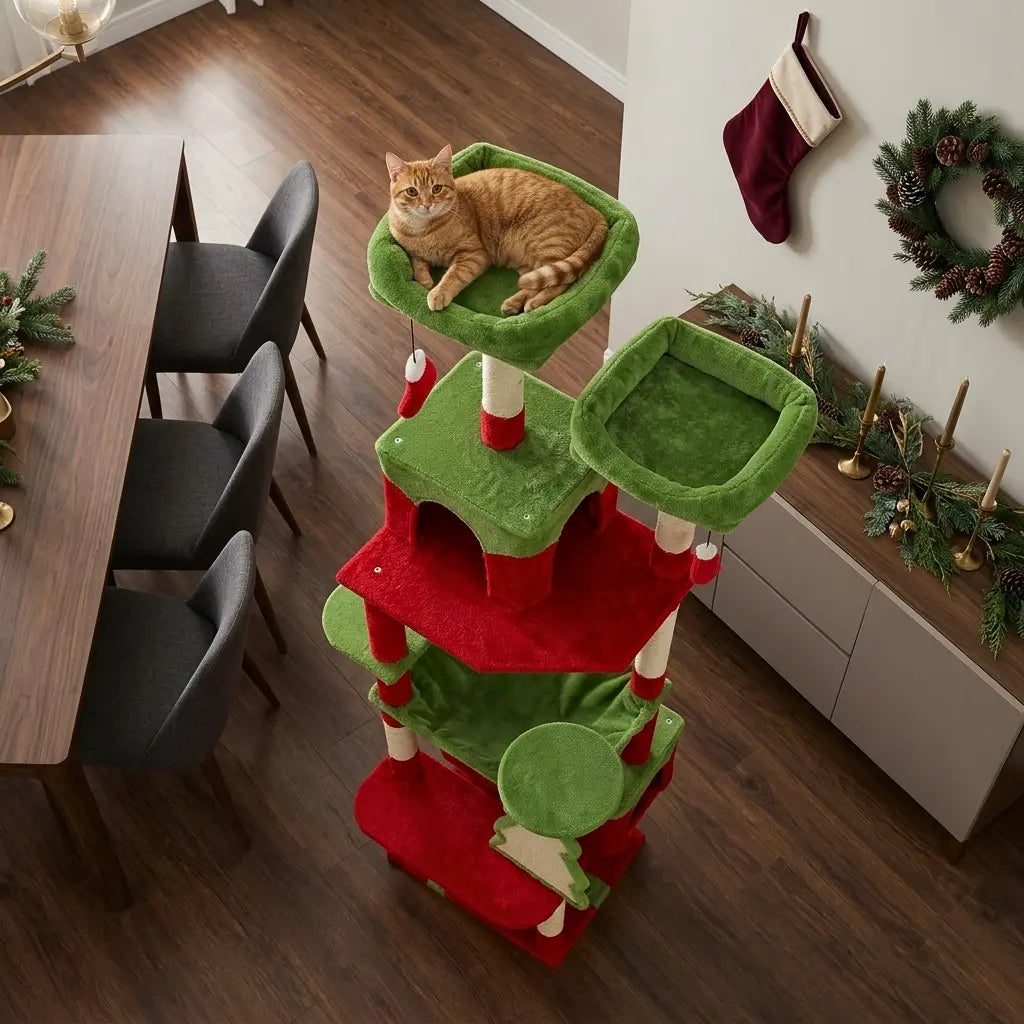 arbre à chat sapin de Noël avec plateforme en hauteur et couchage confortable