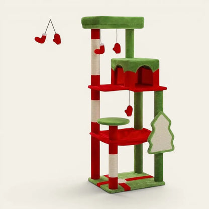 Arbre à chat sapin de Noël rouge et vert avec plateforme de repos, niche intégrée et griffoir pour chat