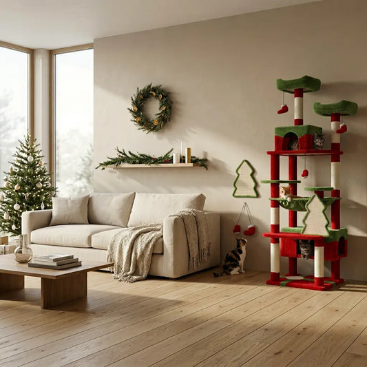 arbre à chat sapin de Noël dans un salon décoré avec ambiance festive et chat