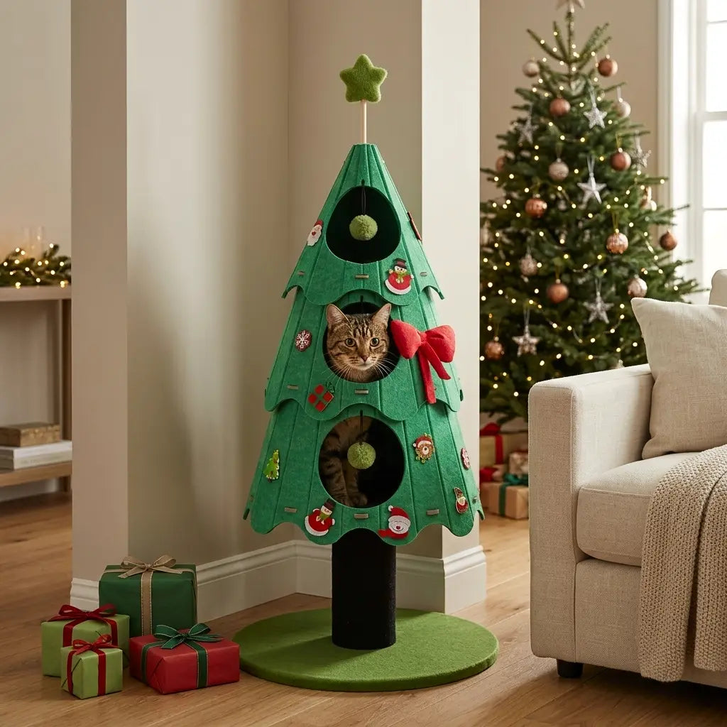 arbre à chat sapin noël vert avec décoration festive et chat à l’intérieur
