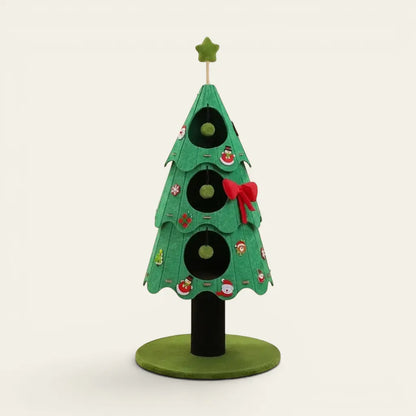 Arbre à chat sapin de Noël vert avec cachettes intégrées et jouets suspendus pour chat